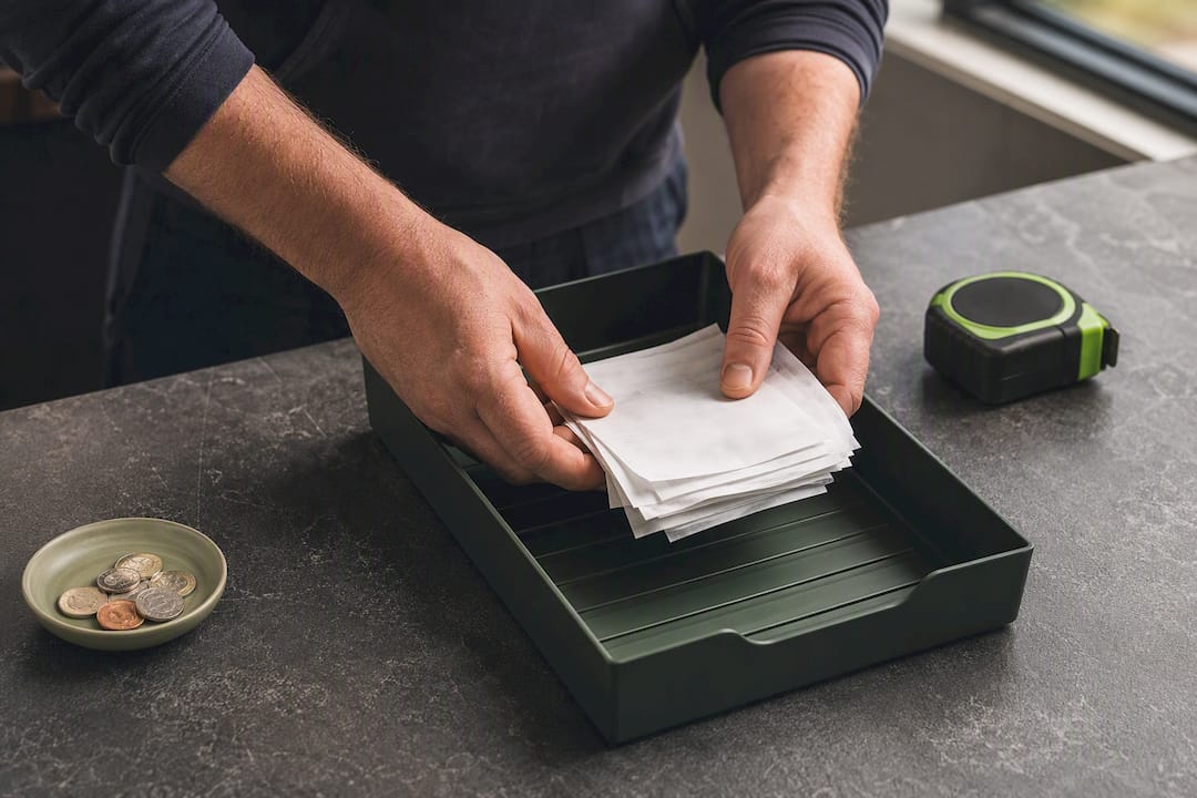 Hands organising receipts for tax records