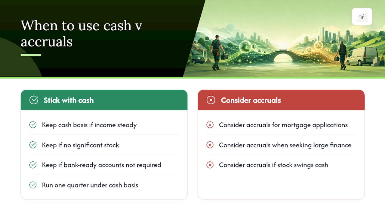 Practical verdict: when to stick with cash basis, when to add accruals — overview diagram