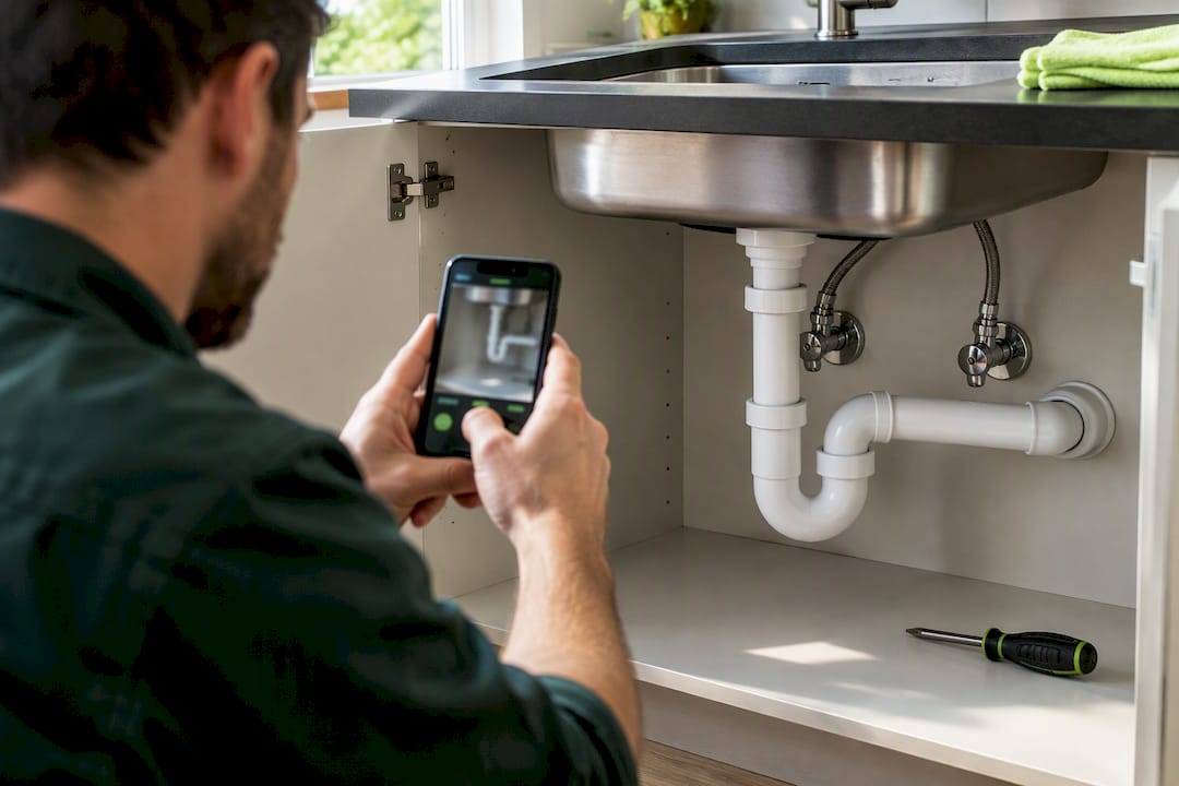 Tradesperson photographing completed pipework