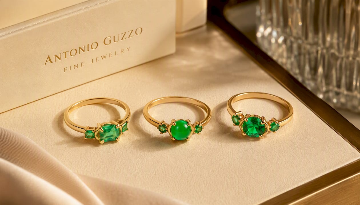 Anillo Trilogía de Esmeralda Natural de Oro Amarillo de 18K