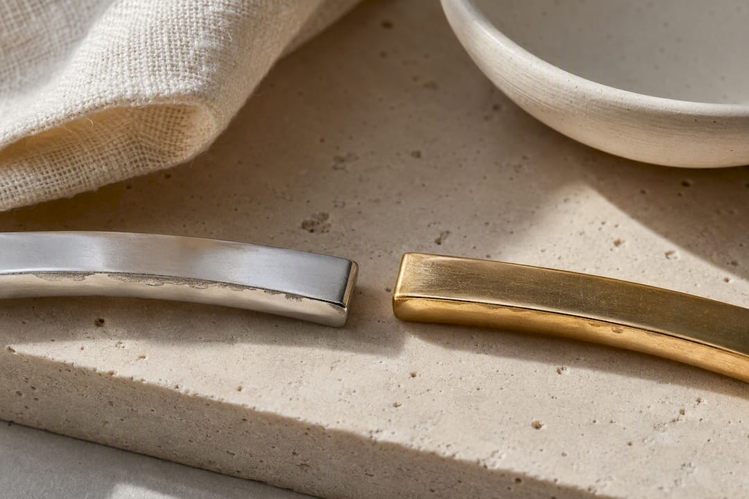 Worn rhodium and mellow yellow gold surfaces