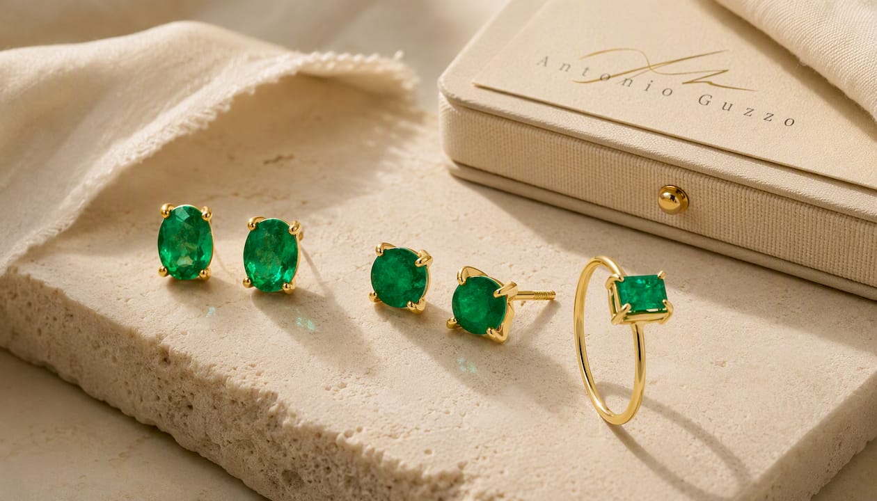 18K Yellow Gold Colombian Emerald Stud Earrings