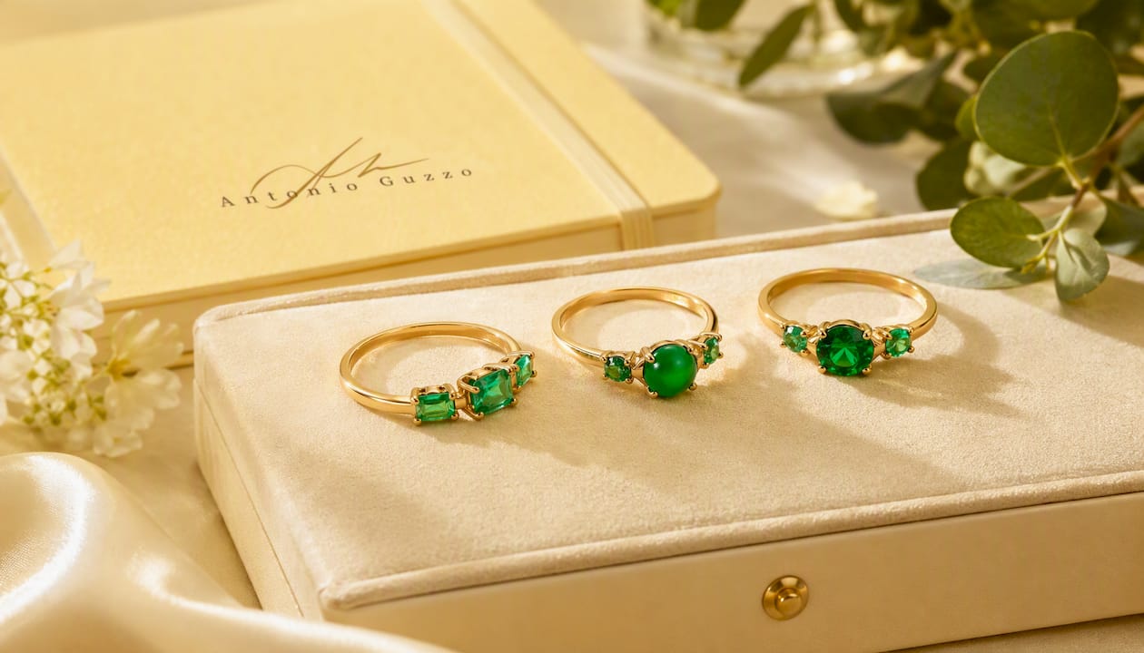 18K Yellow Gold Natural Emerald Trilogy Ring
