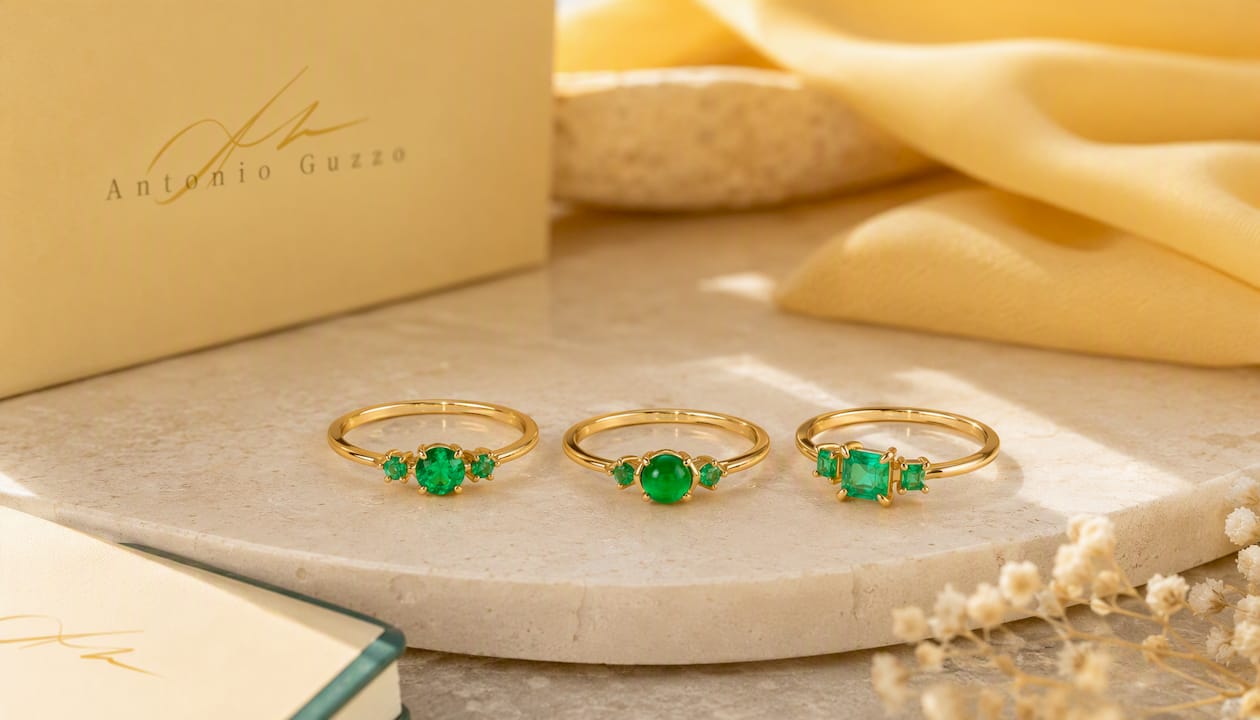 Exquisito anillo de trilogía de esmeraldas de 18K