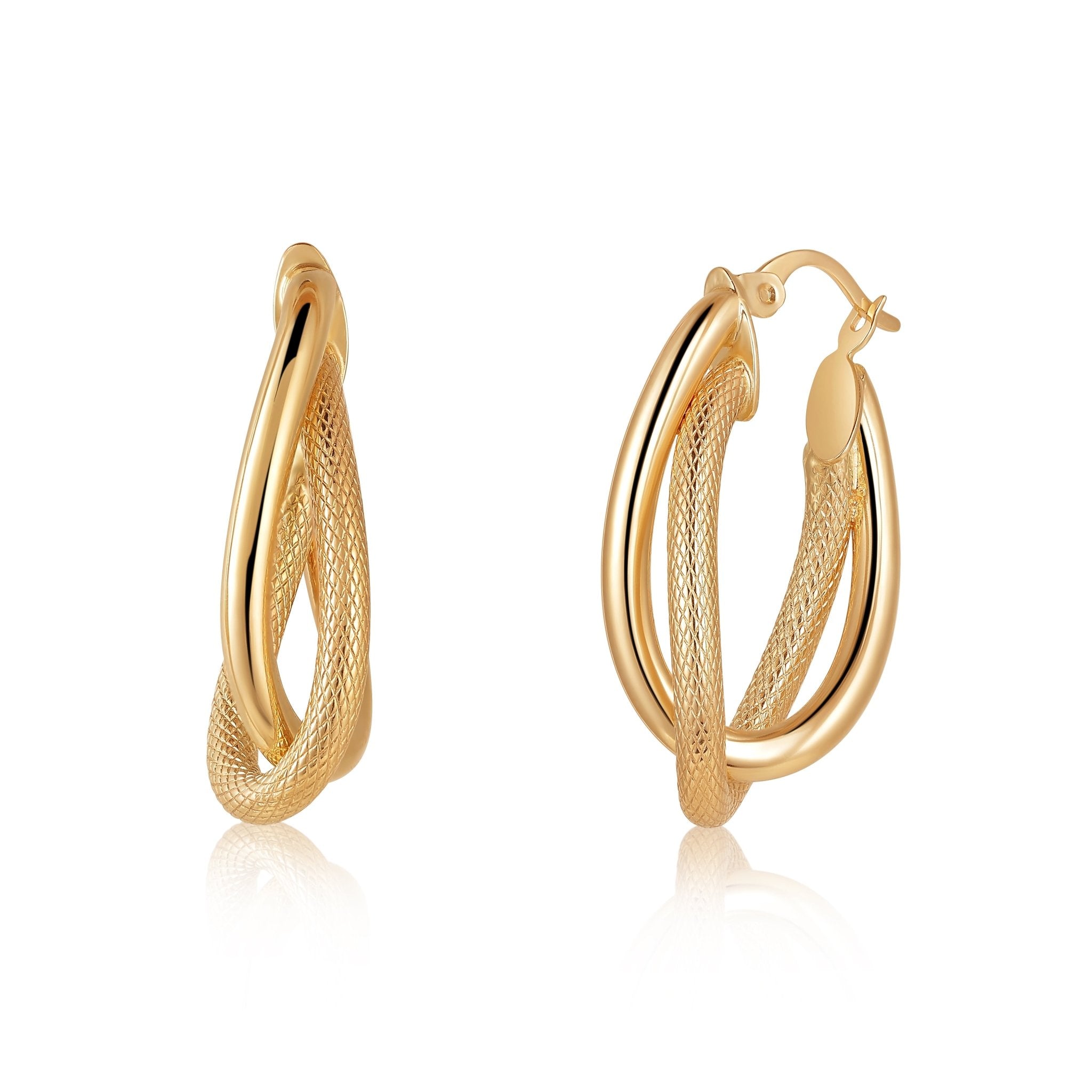 14K Solid Gold Twisted Double Hoops, Textured & Polished Finish