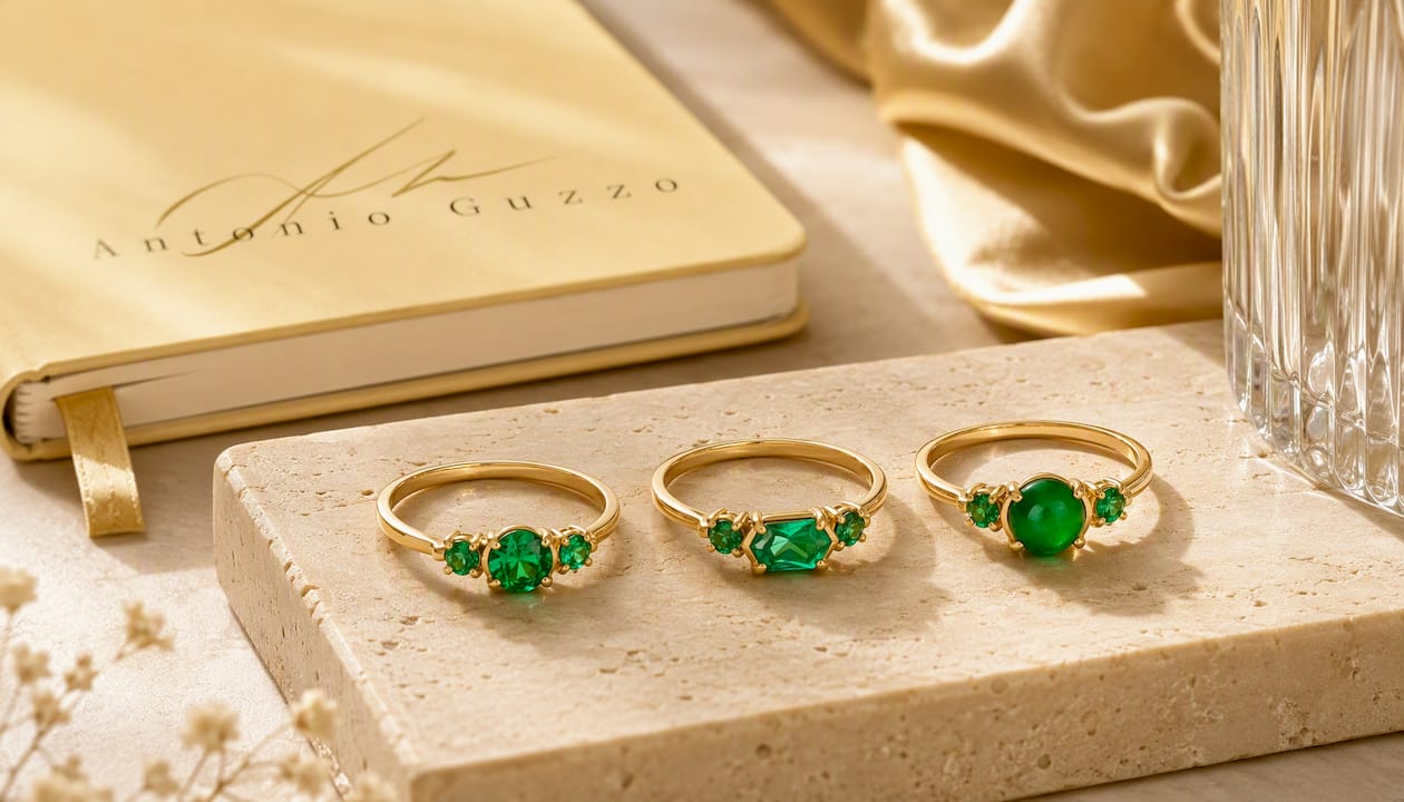 Exquisito anillo de trilogía de esmeraldas en oro de 18K