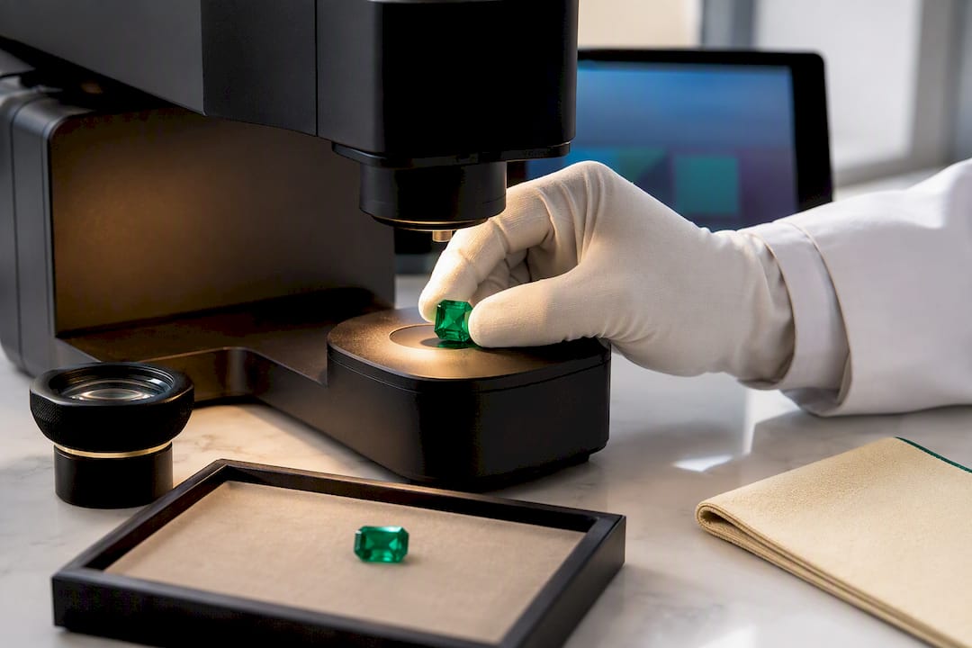 Loose emerald undergoing gemological laboratory testing