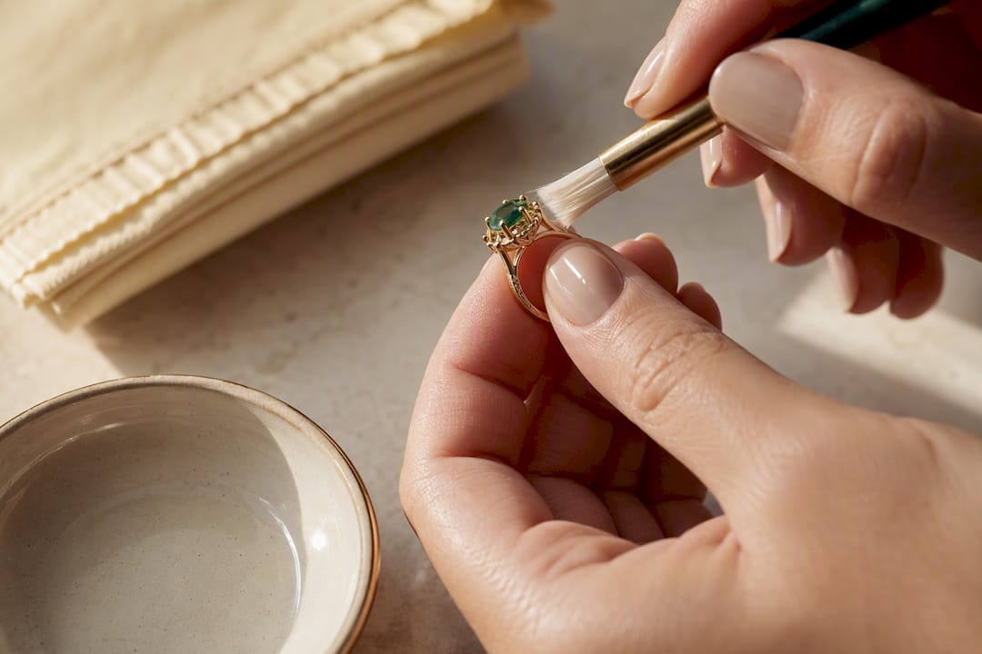Hands carefully cleaning a gemstone jewelry setting