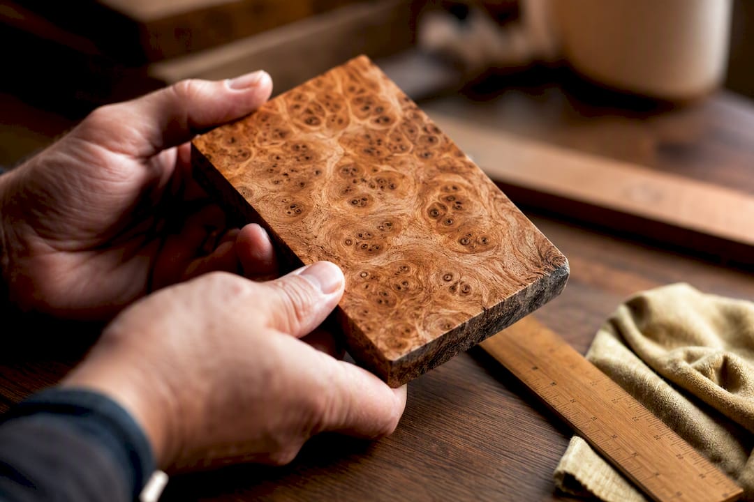 Hands examining genuine burl wood depth