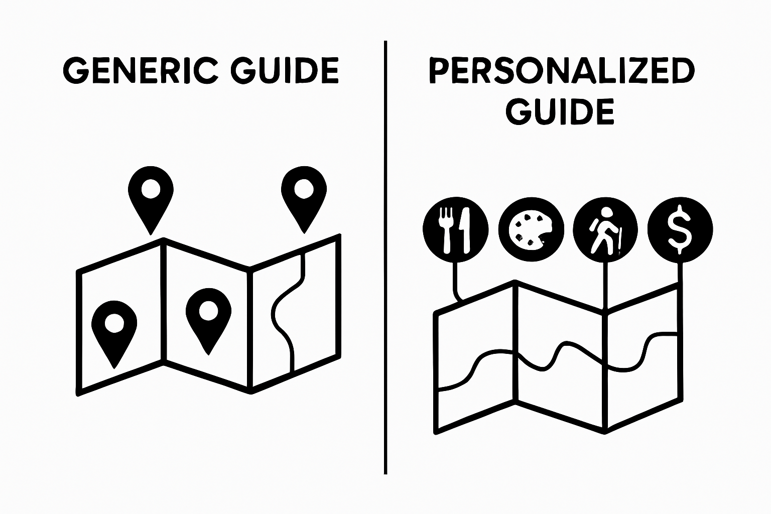 Infographic comparing generic and personalized tour guides with icons and paths