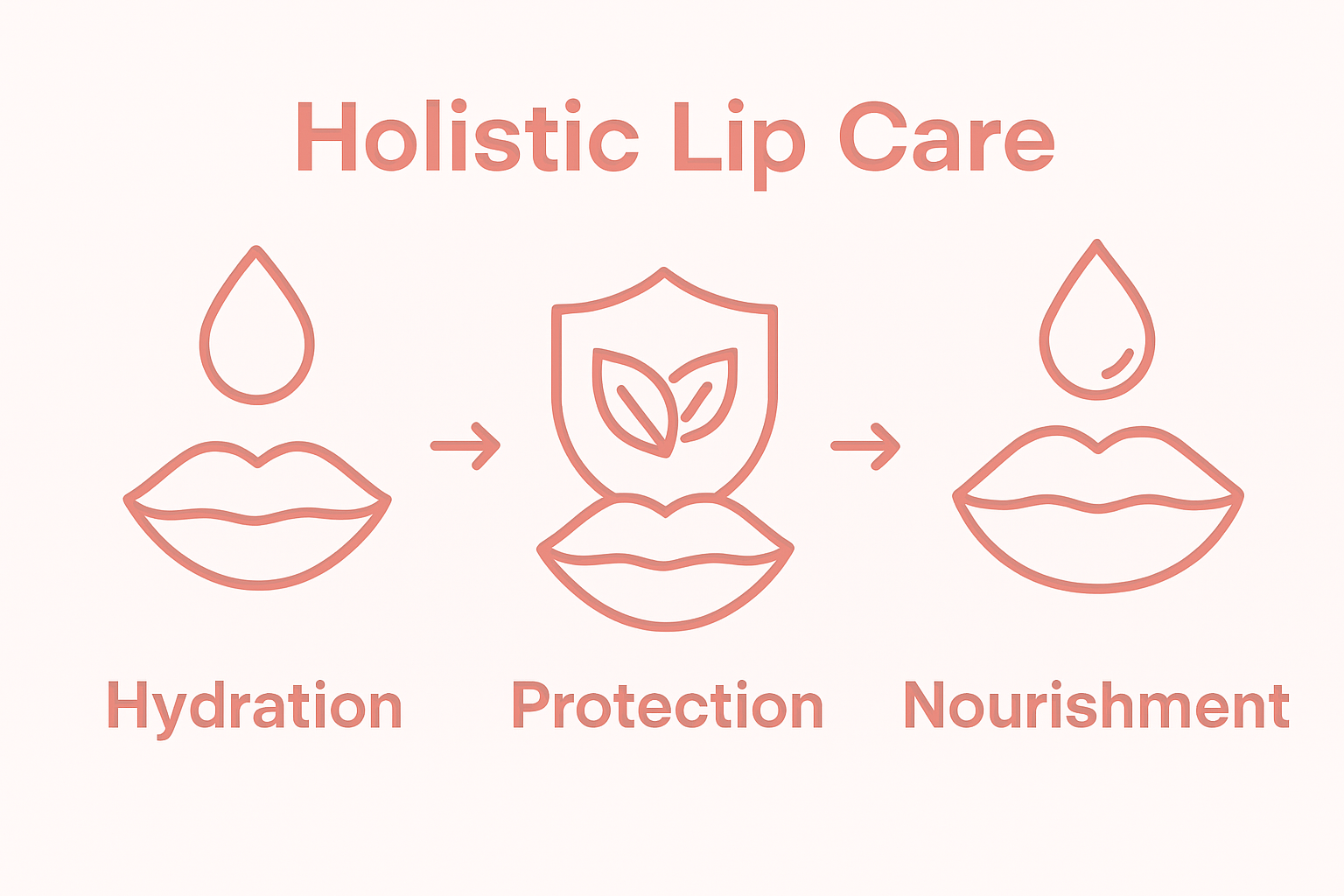 Infographic showing hydration, protection, and nourishment for lip care.
