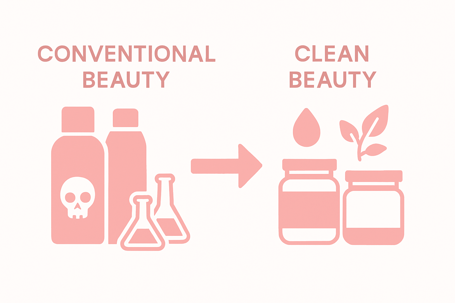 Clean vs conventional beauty products with natural and chemical ingredient icons