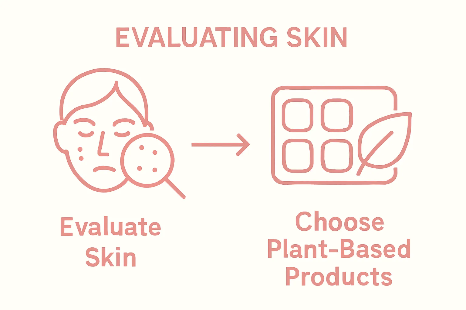 Infographic illustrating key steps: evaluating skin and choosing plant-based makeup.