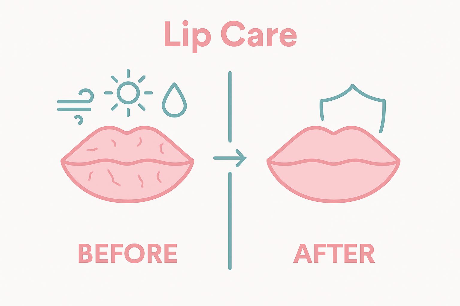 Simple before and after graphic showing lip health with and without care