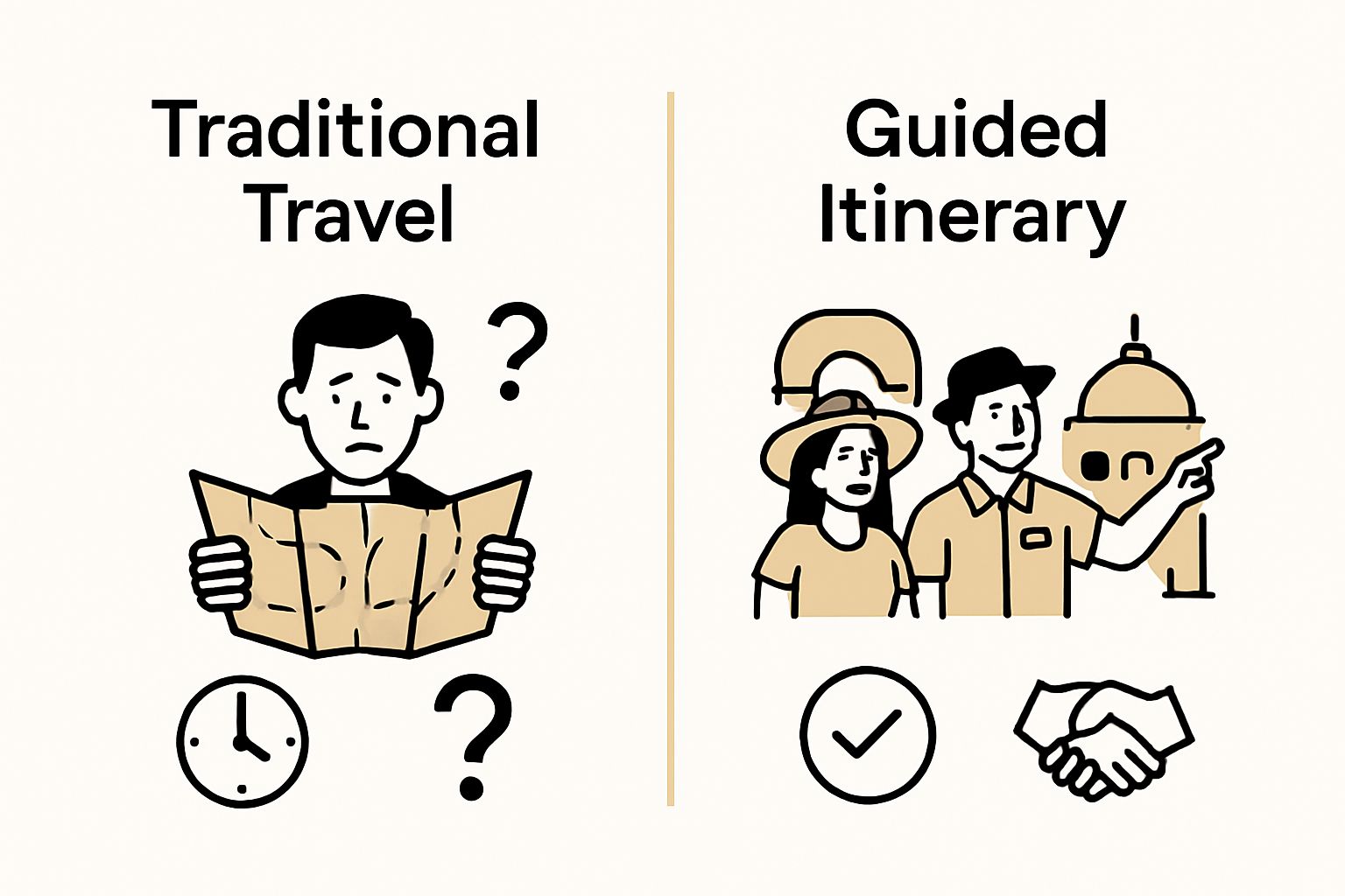 Infographic comparing traditional travel vs guided itineraries with icons and traveler scenes