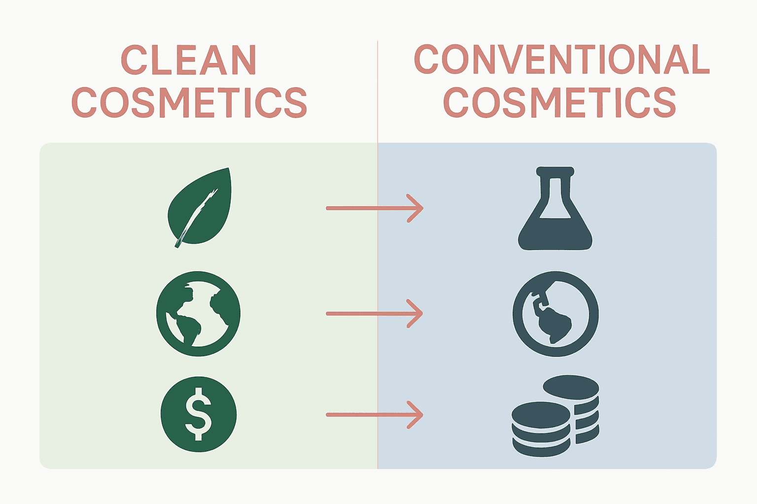 Infographic comparing clean and conventional cosmetics using visual icons