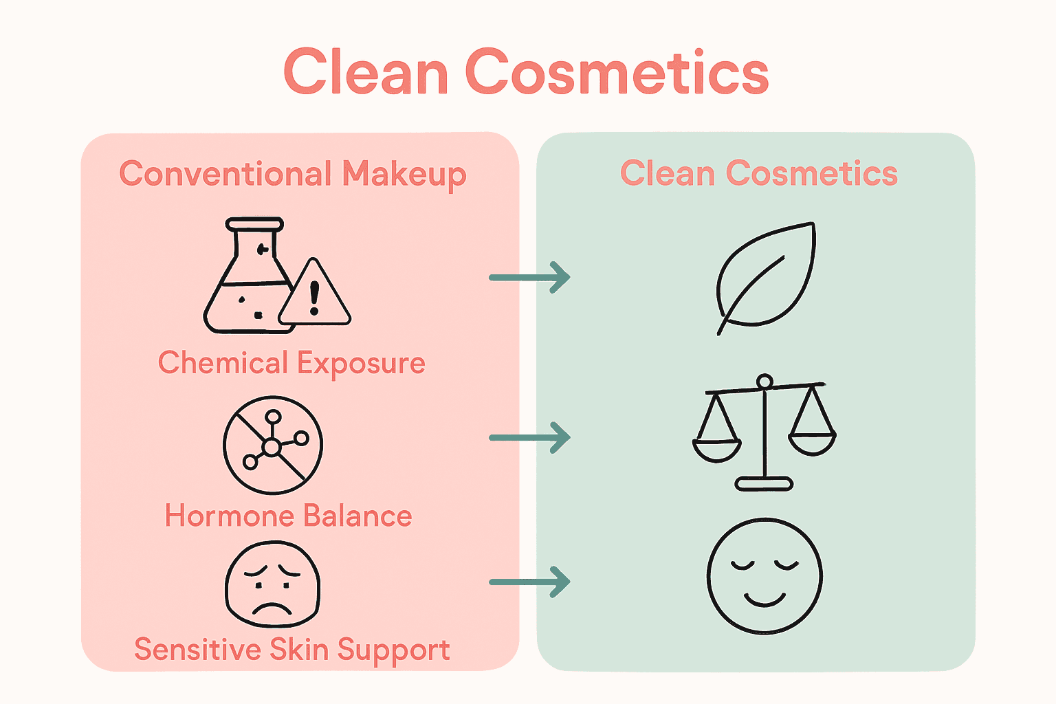 Infographic comparing health impacts of clean vs. conventional cosmetics