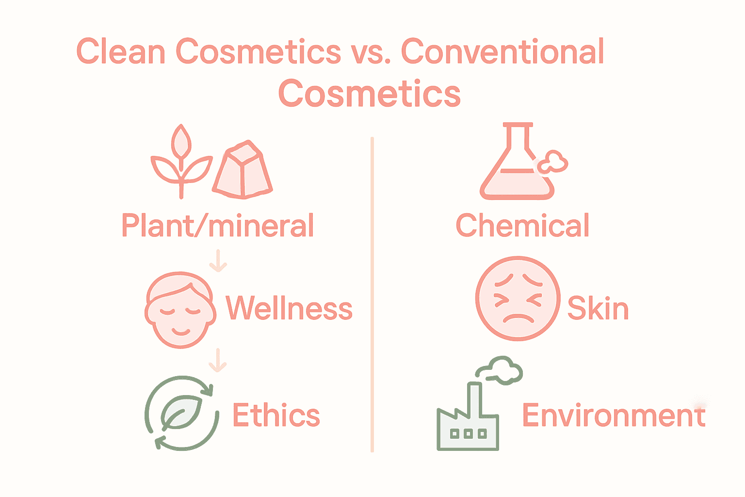 Infographic comparing clean and conventional cosmetics by ingredients, skin health, and environment