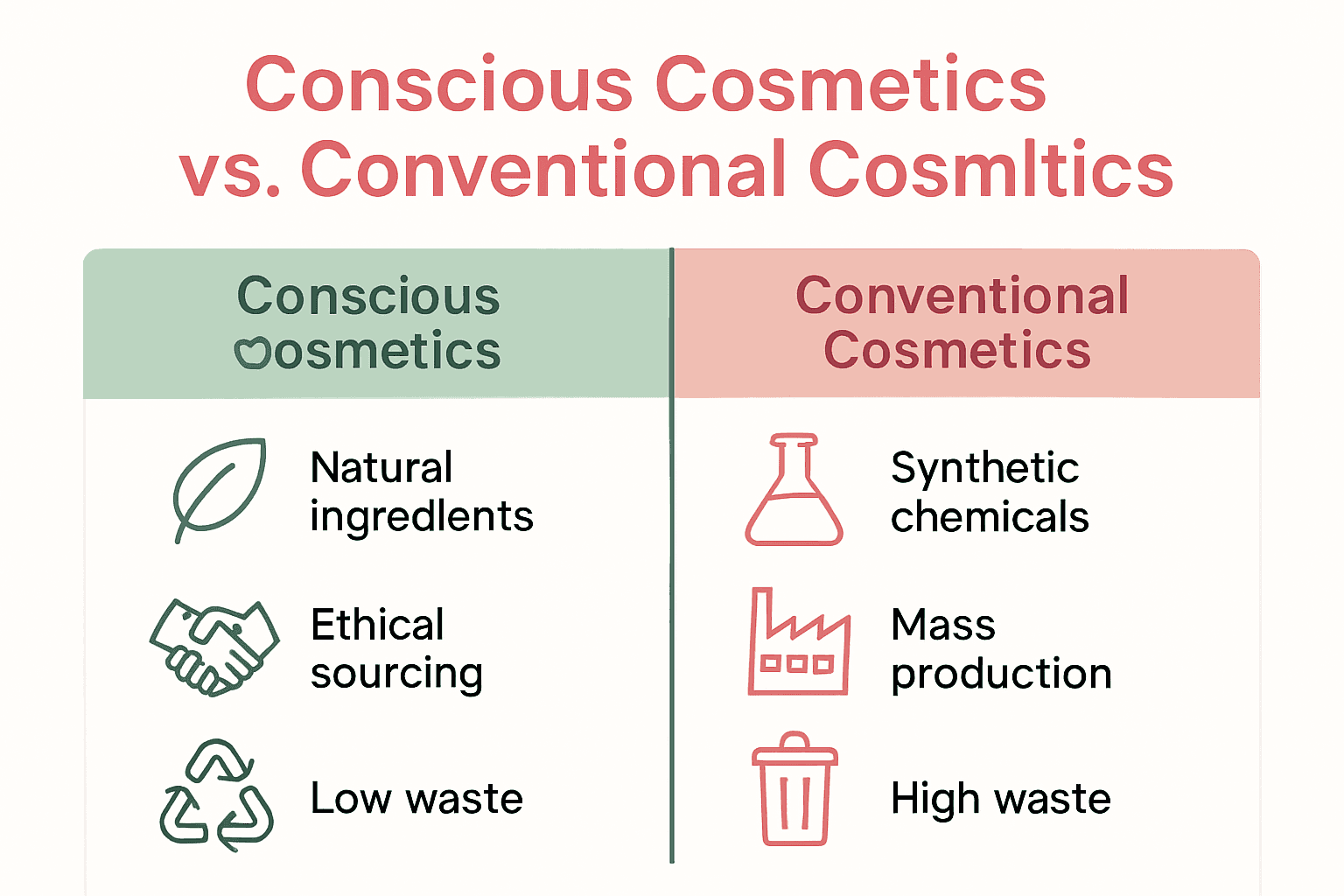 Infographic comparing conscious and conventional cosmetics in three key areas