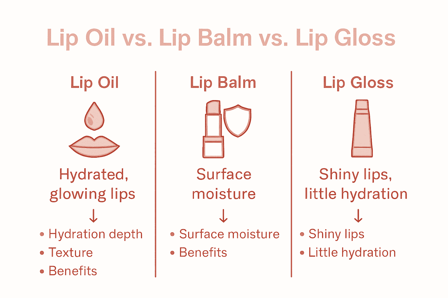 Visual comparison of lip oil, balm, and gloss benefits