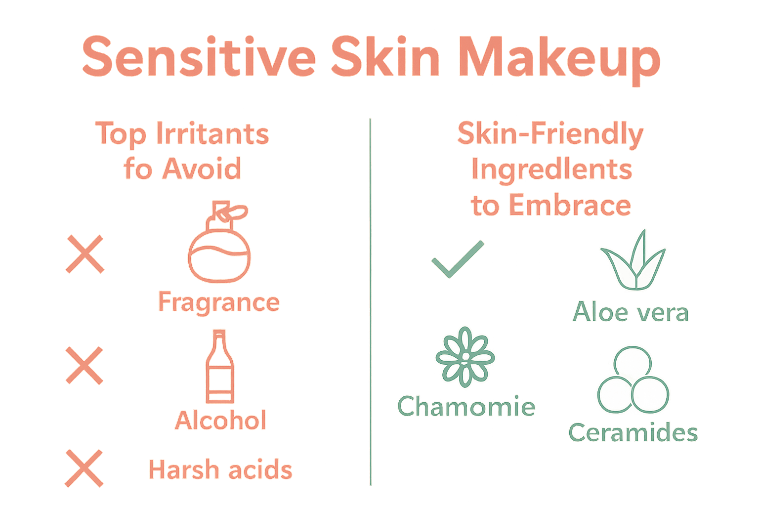 Infographic comparing harmful and helpful makeup ingredients for sensitive skin.