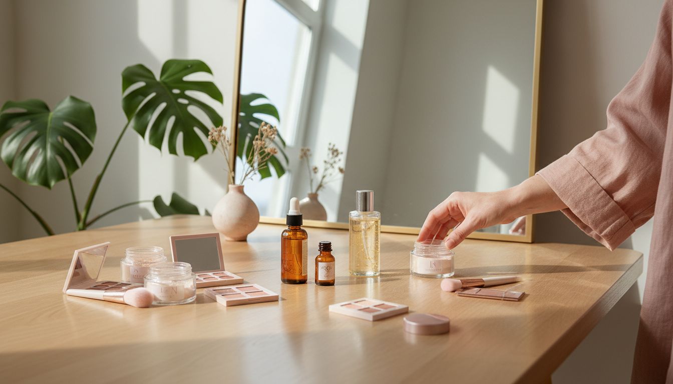 Natural ingredients and clean makeup displayed