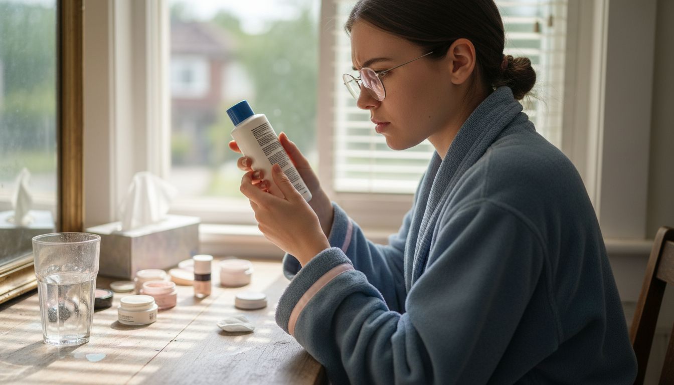 Woman checks moisturizer label at vanity