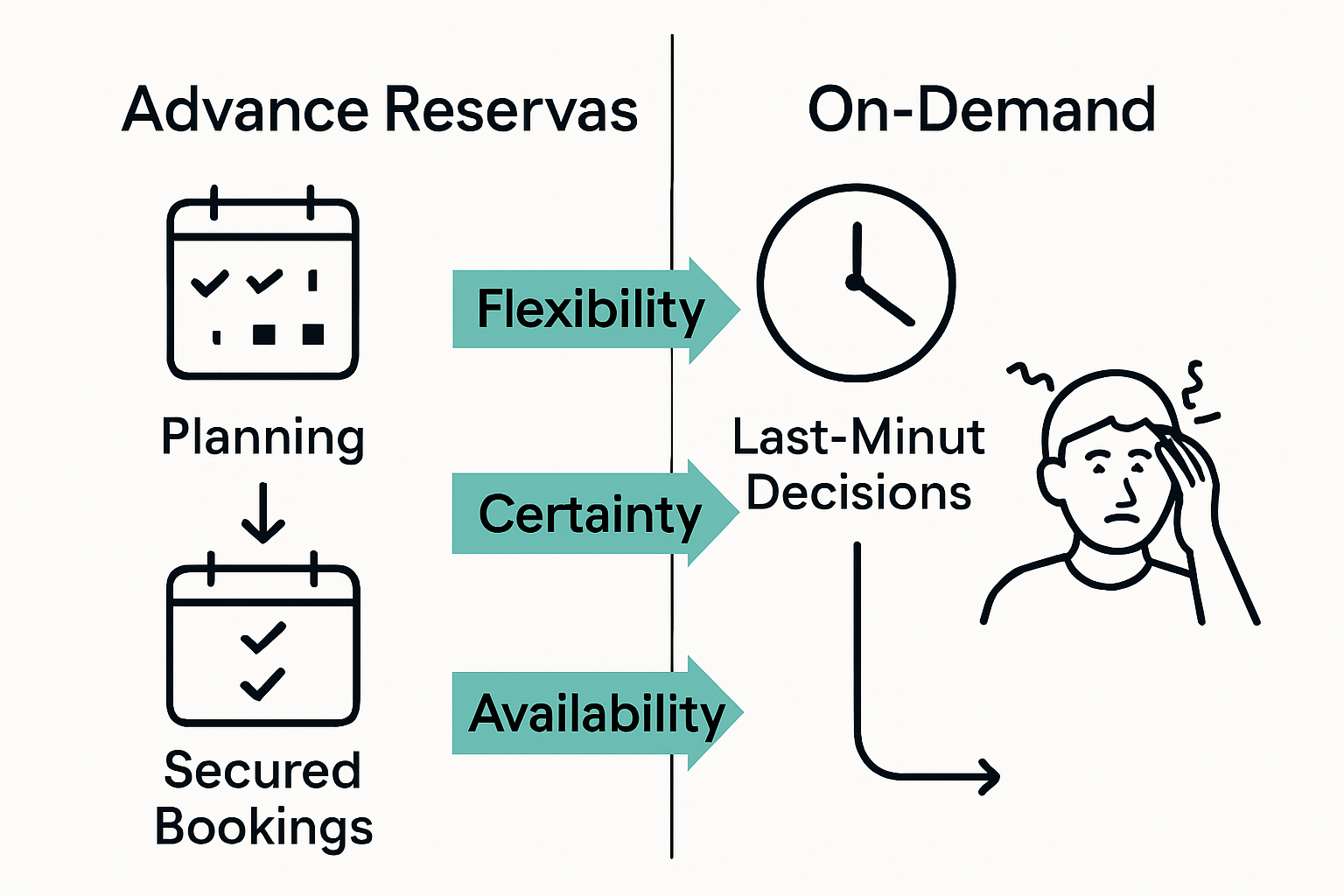 Infographic comparing advance and on-demand travel reservation methods