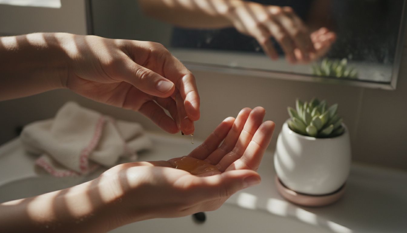 Hands warming rosehip oil above sink