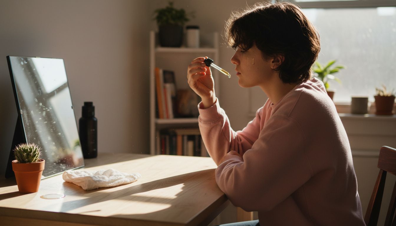 Applying face oil at small wooden vanity