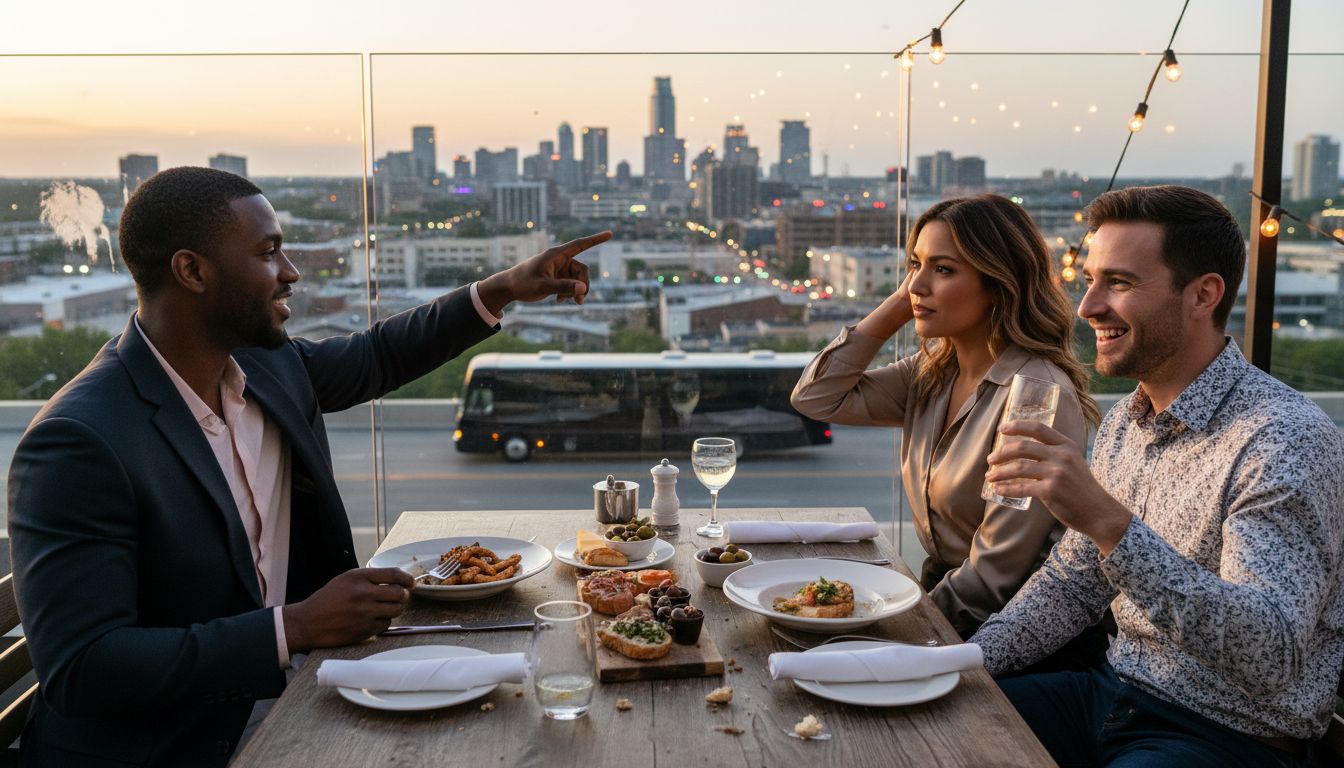 Friends dining on Austin rooftop at sunset