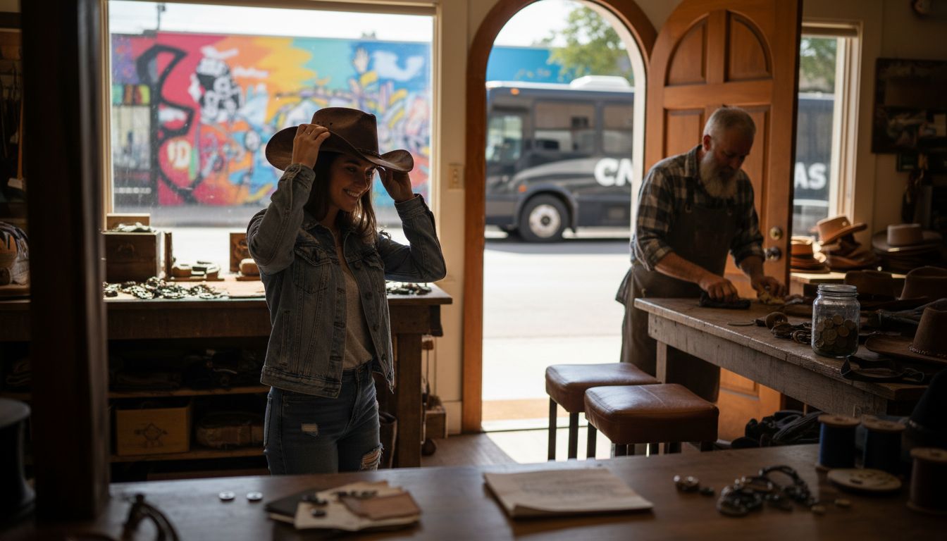 Woman trying hat in Austin artisan shop