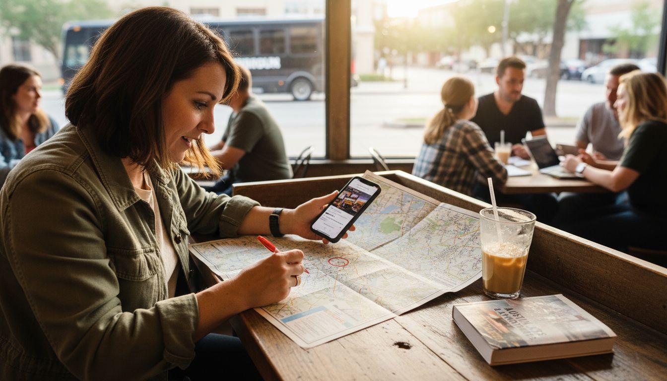 Traveler planning itinerary in Austin cafe