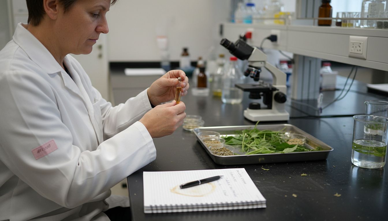 Lab technician studies plant extract vials
