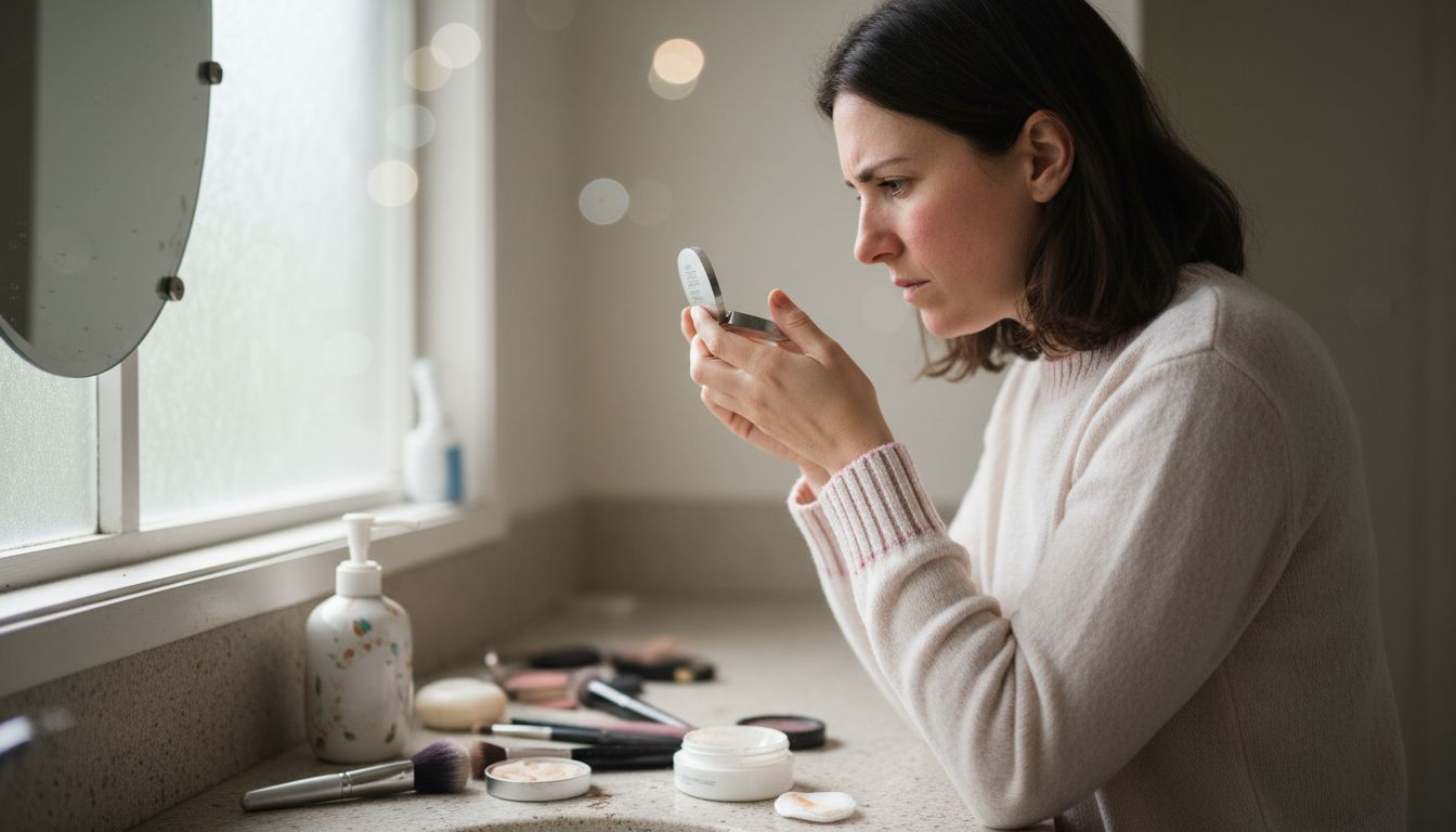 Woman reading makeup label in bathroom