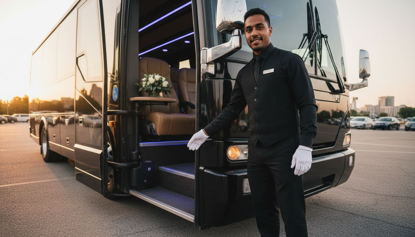 Valet opens luxury bus with plush interior
