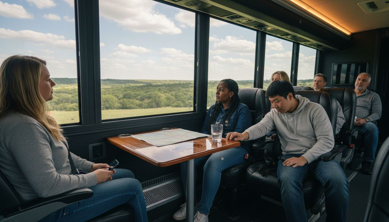 People enjoying luxury bus interior