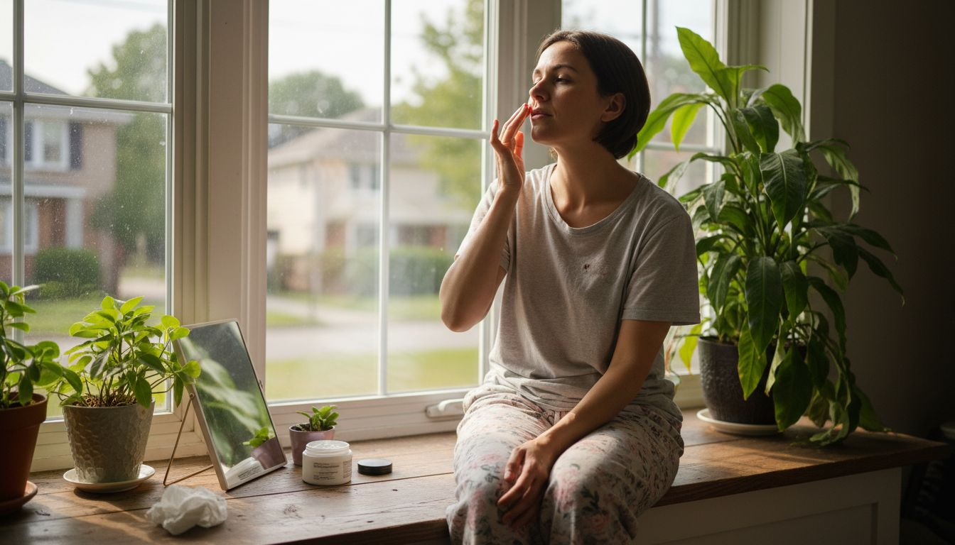 Applying botanical serum near a sunny window