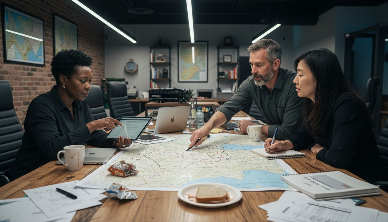 Team planning luxury tour logistics around table