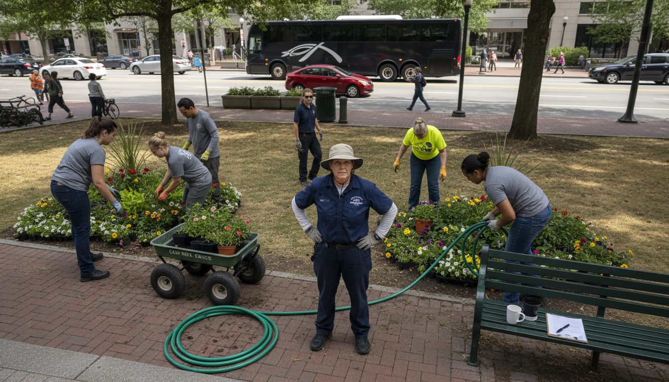 Urban park staff working on city plaza