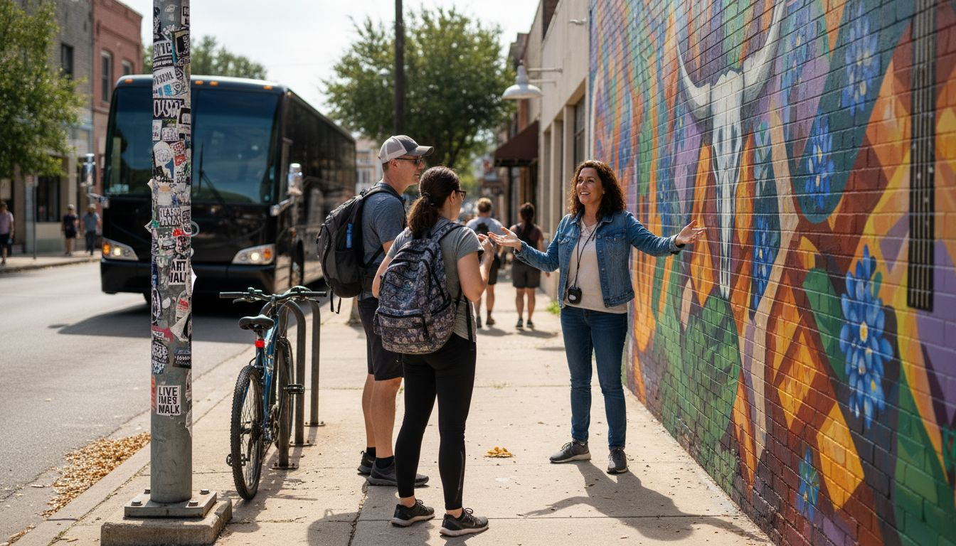Guide leads tourists by Austin mural