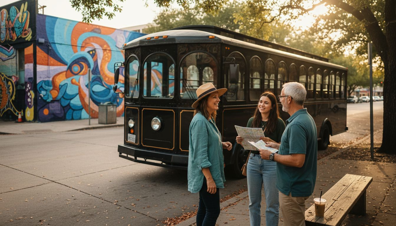 Austin tour guide with guests in arts district