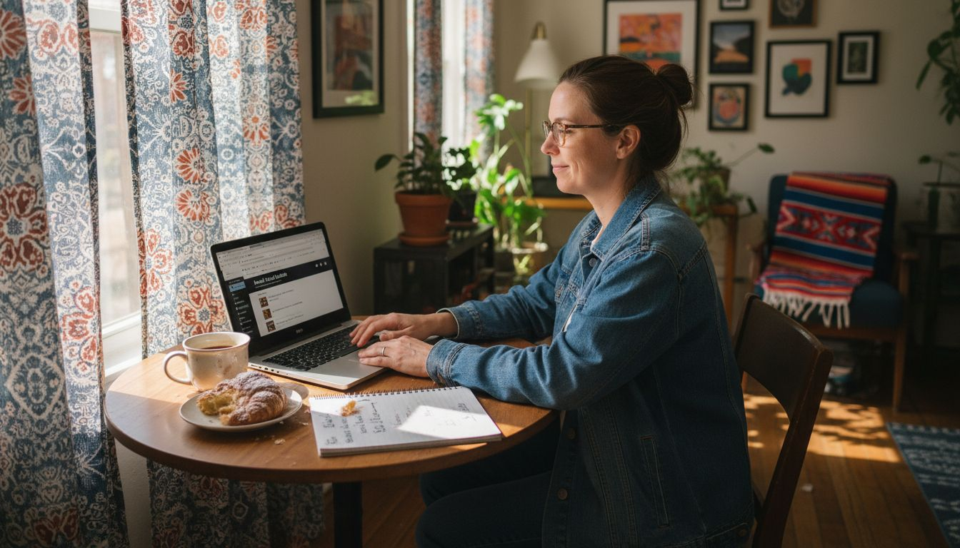 Woman researching Austin experiences at table