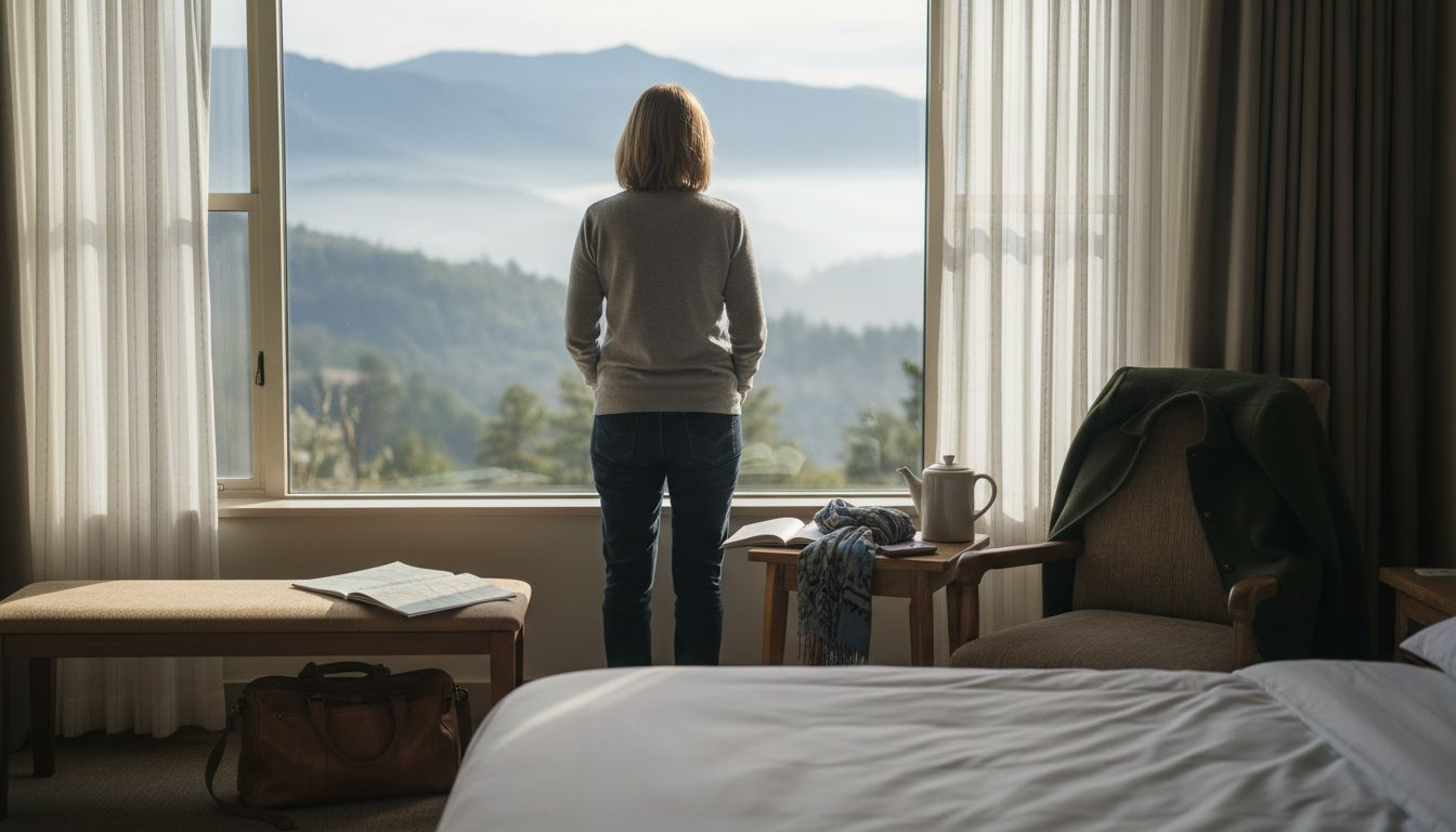 Traveler reflecting on mountain lodge experience