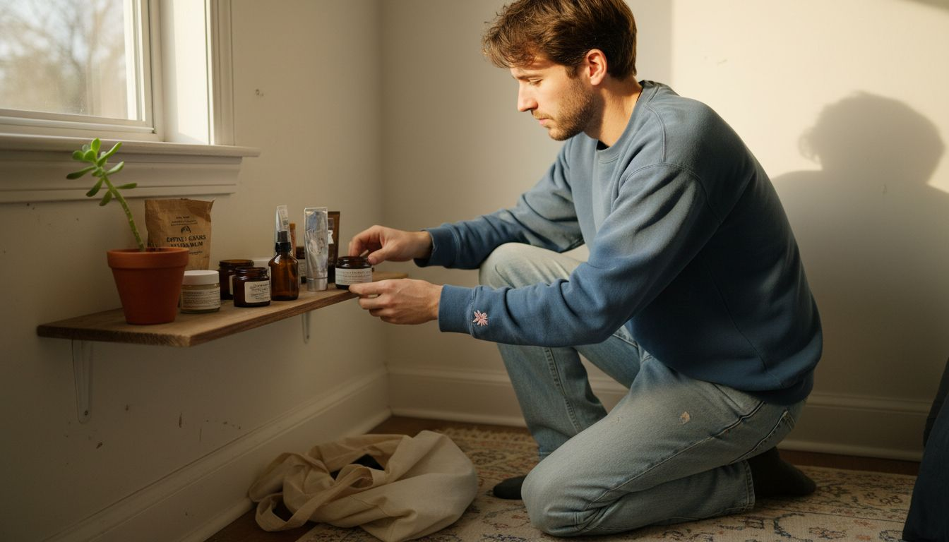 Person organizing sustainable beauty packaging