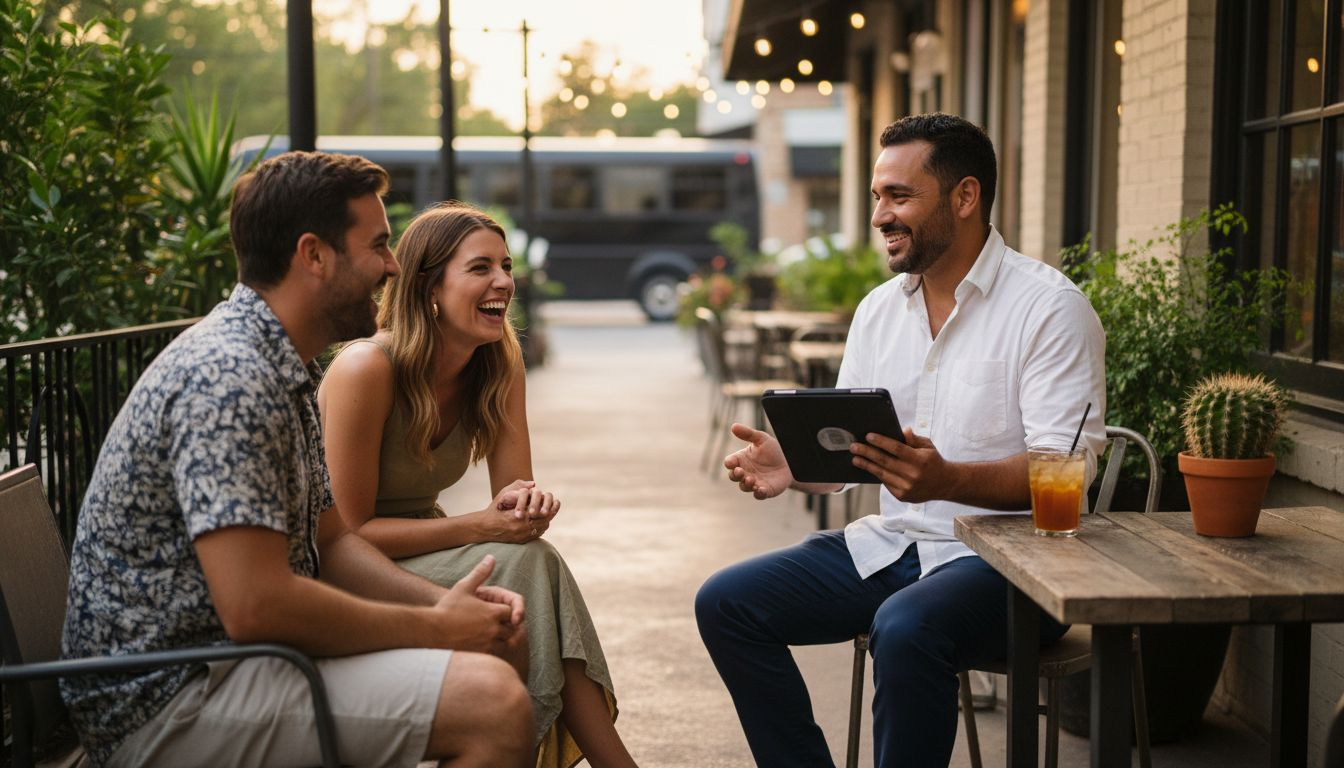 Guide interacting with guests on patio
