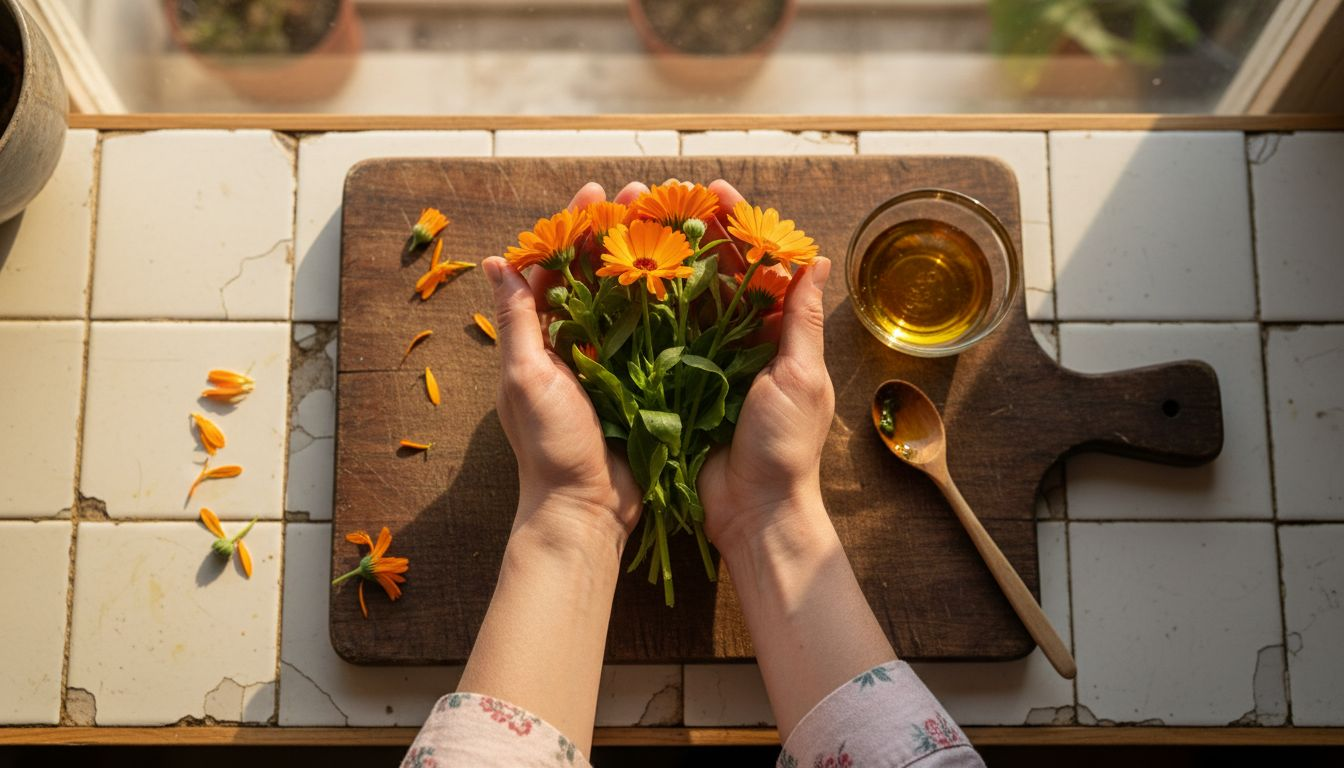 Hands preparing healing botanicals on counter