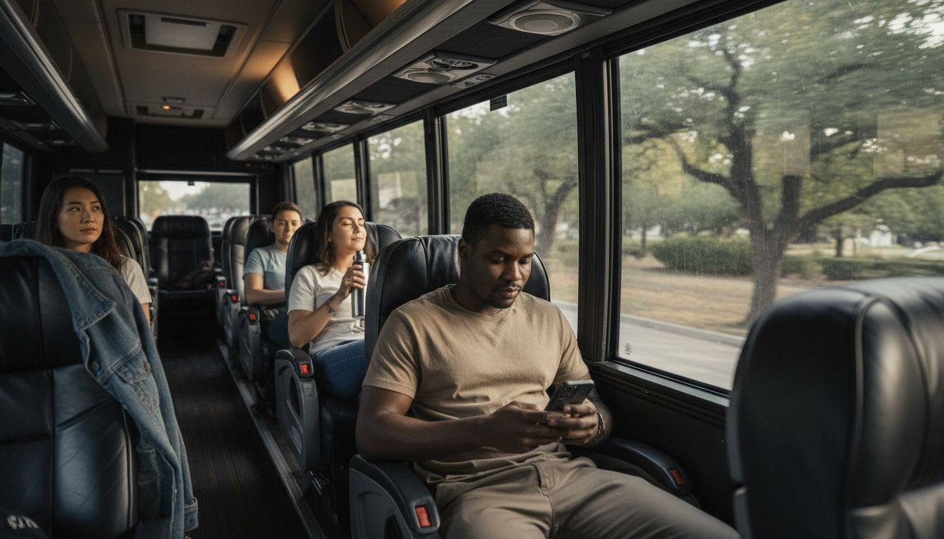 Friends relaxing inside luxury Austin tour bus