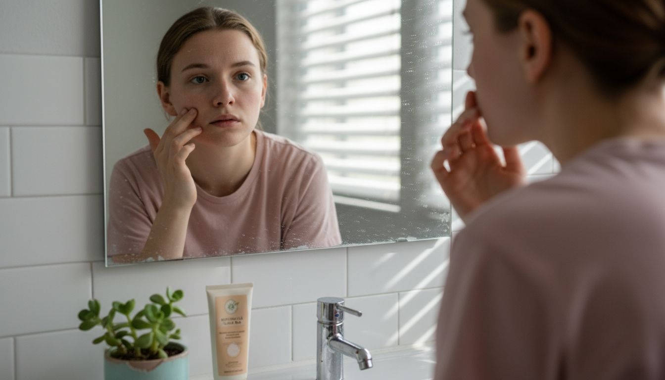 Person examining skin in morning bathroom light