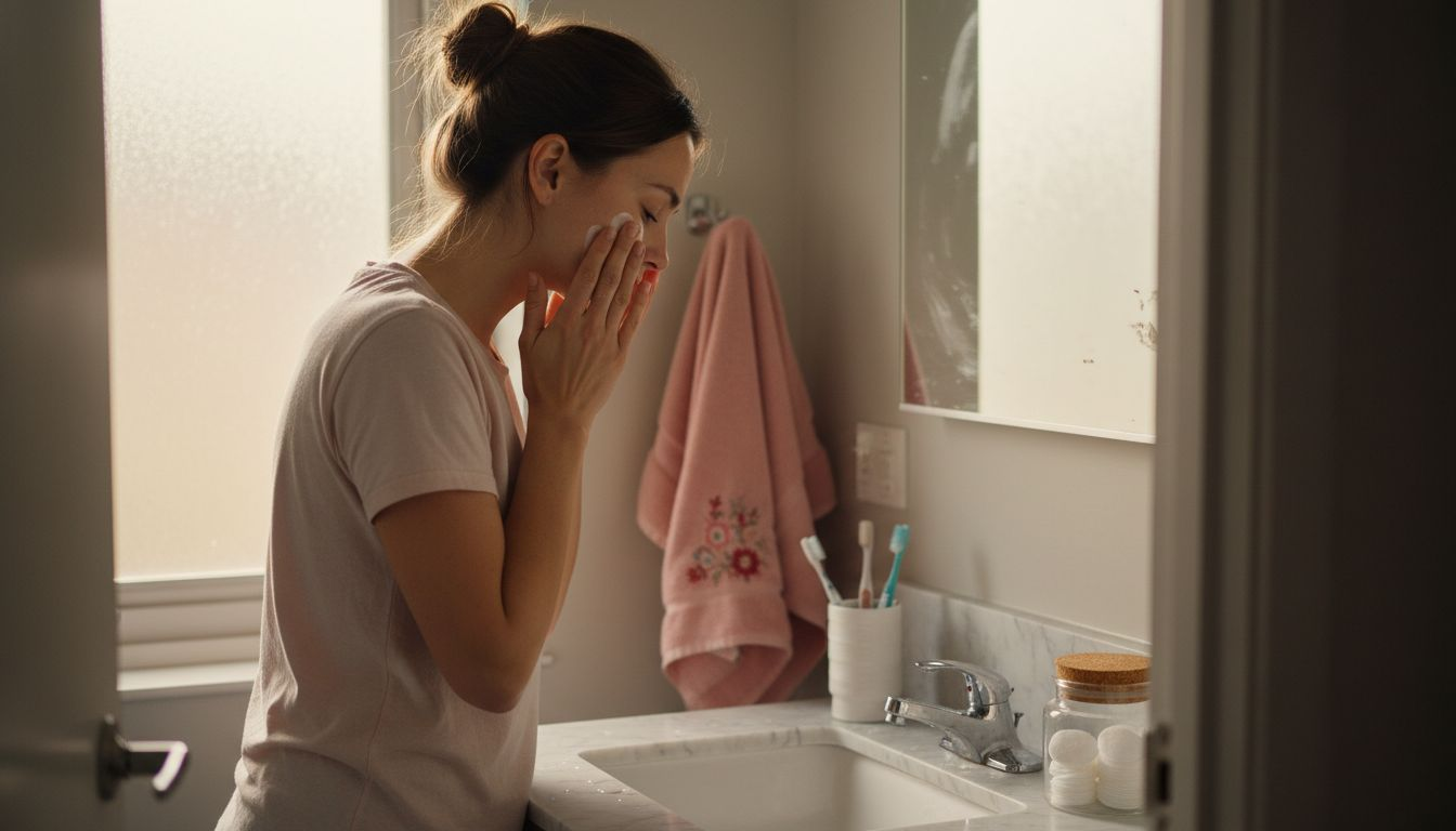 Woman practicing morning skin care routine